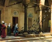 让莱昂杰罗姆 - Harem Women Feeding Pigeons in a Courtyard